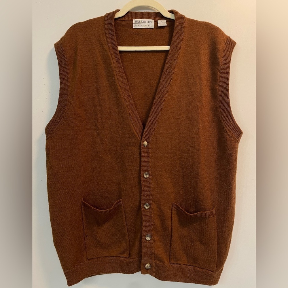 Vintage Bill Ditfort Designs XL Men’s 100% Wool Button Down Brown Sweater Vest